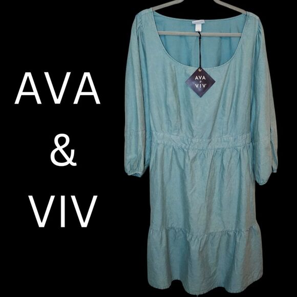 NWT 1X Ava & Viv Teal Dress - 3/4 Sleeves, Knee Length, Tie-Back - Picture 1 of 10